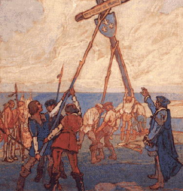 Jacques Cartier plantant une croix à Gaspé en 1534